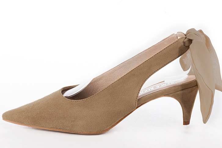 Tan beige women's slingback shoes. Pointed toe. Medium slim heel. Profile view - Florence KOOIJMAN